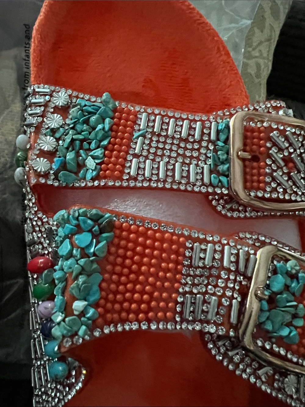 Embellished Orange Slide Sandals with Turquoise & Siver Accents - Picture 12 of 14